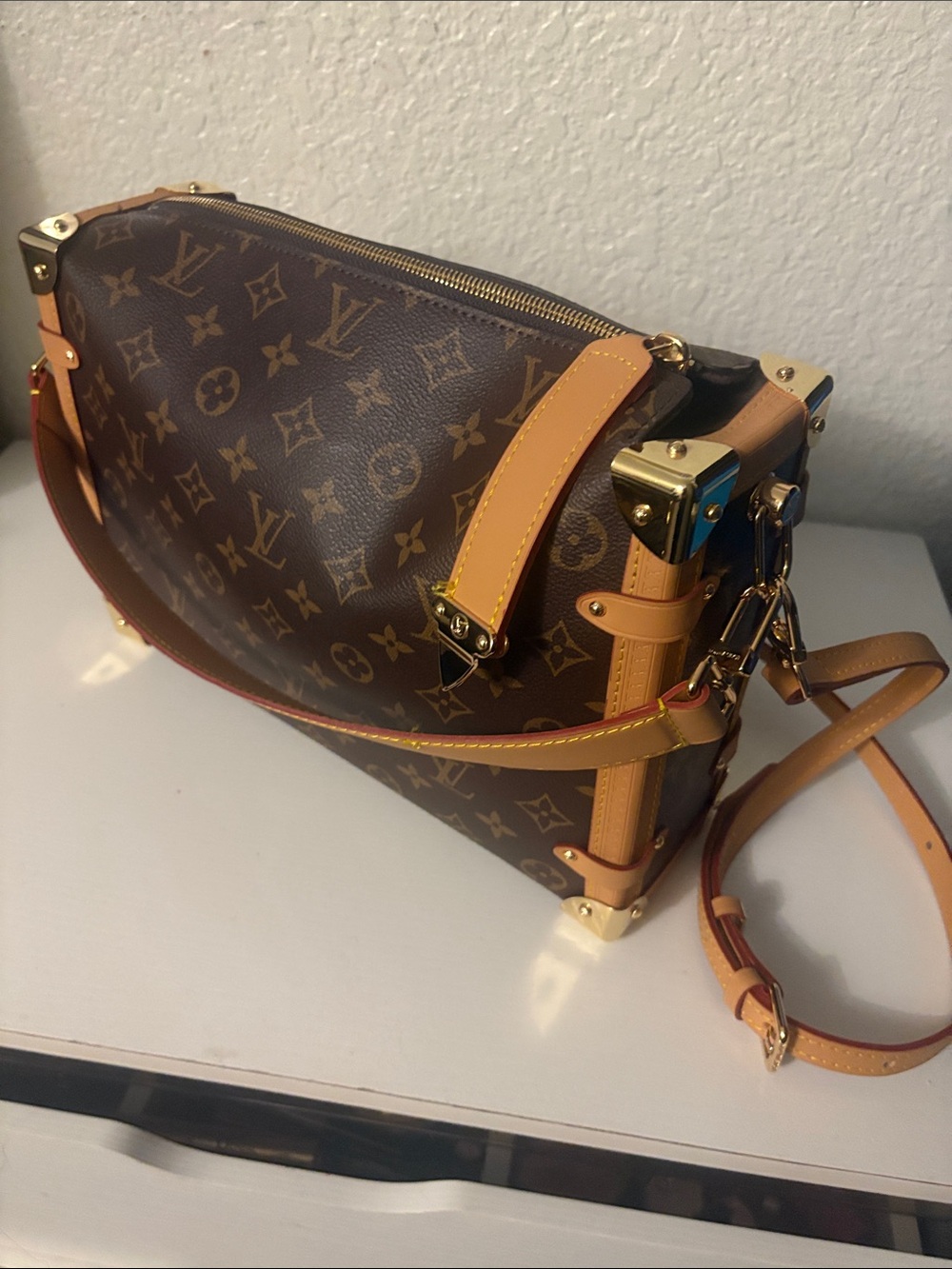Brown Monogram Trunk-Style Shoulder Bag with Tan Trim ⭐️ NOT AUTHENTIC ⭐️
